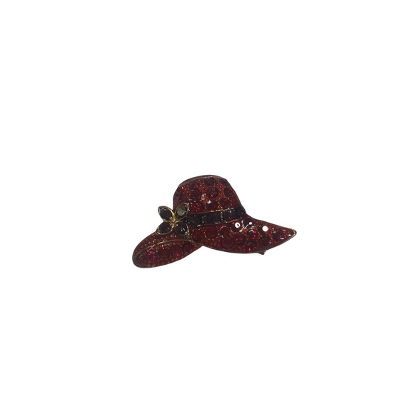 Jewelry - Vintage Red Rhinestone Sun Hat Brooch Gold Tone Novelty Lapel Pin